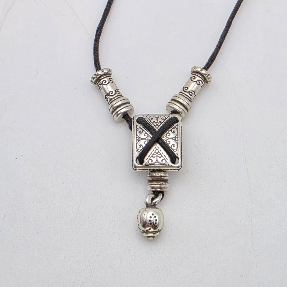 Vintage BRIGHTON Cross X‎ Stitched Necklace Reversible Scrollwork Black Cord 16"